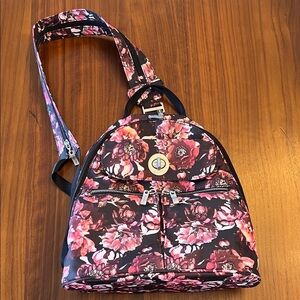 Baggilini Floral Black and Pink Women's Small Backpack Bag Purse